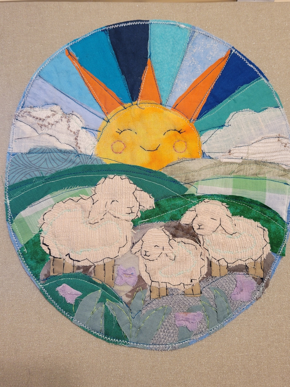 Handmade Sheep & Happy Sun Fabric Applique Patch Iron On Farmhouse Folk Art